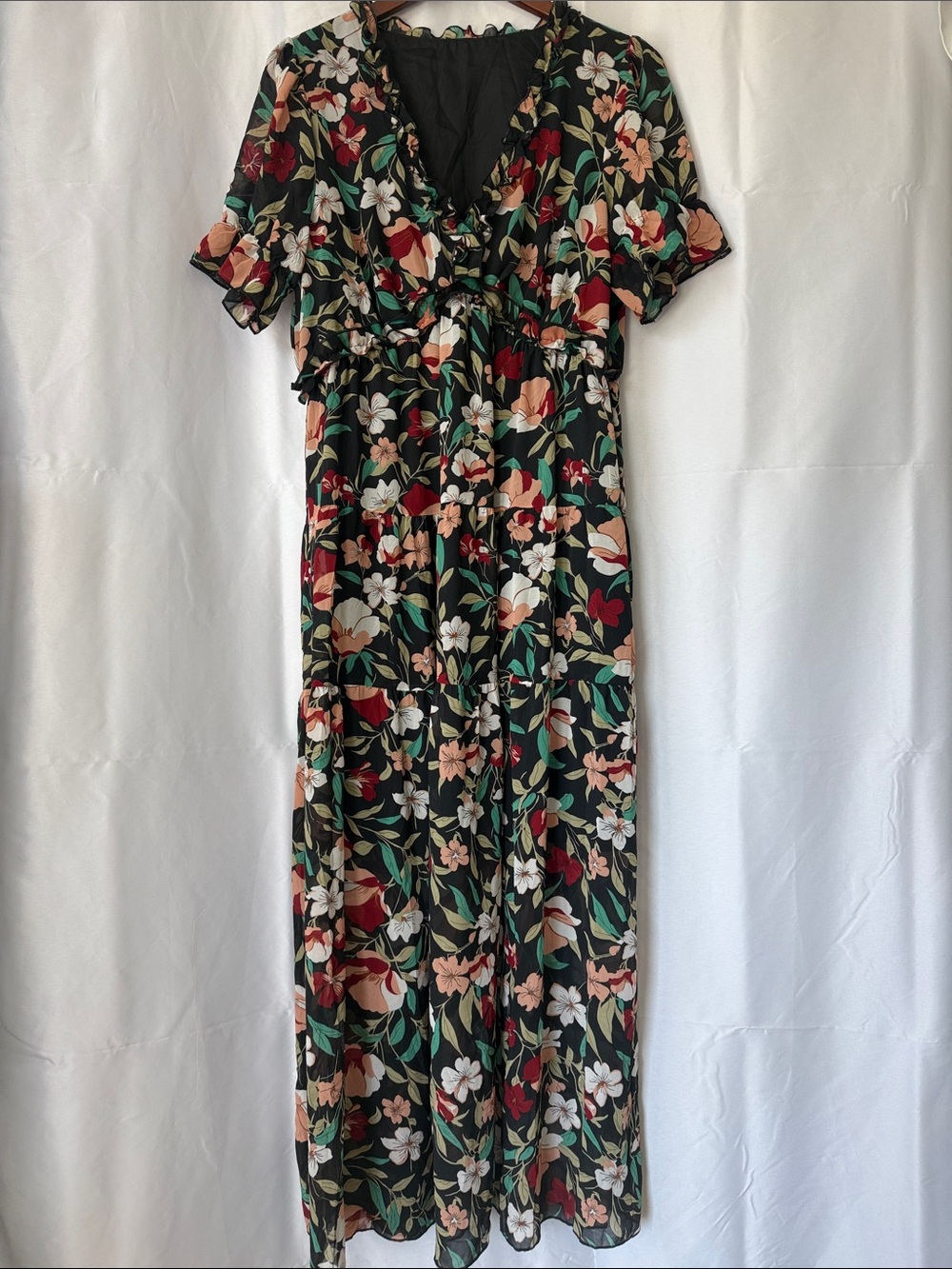 Boho Floral Black Maxi Dress with Red & Green Accents